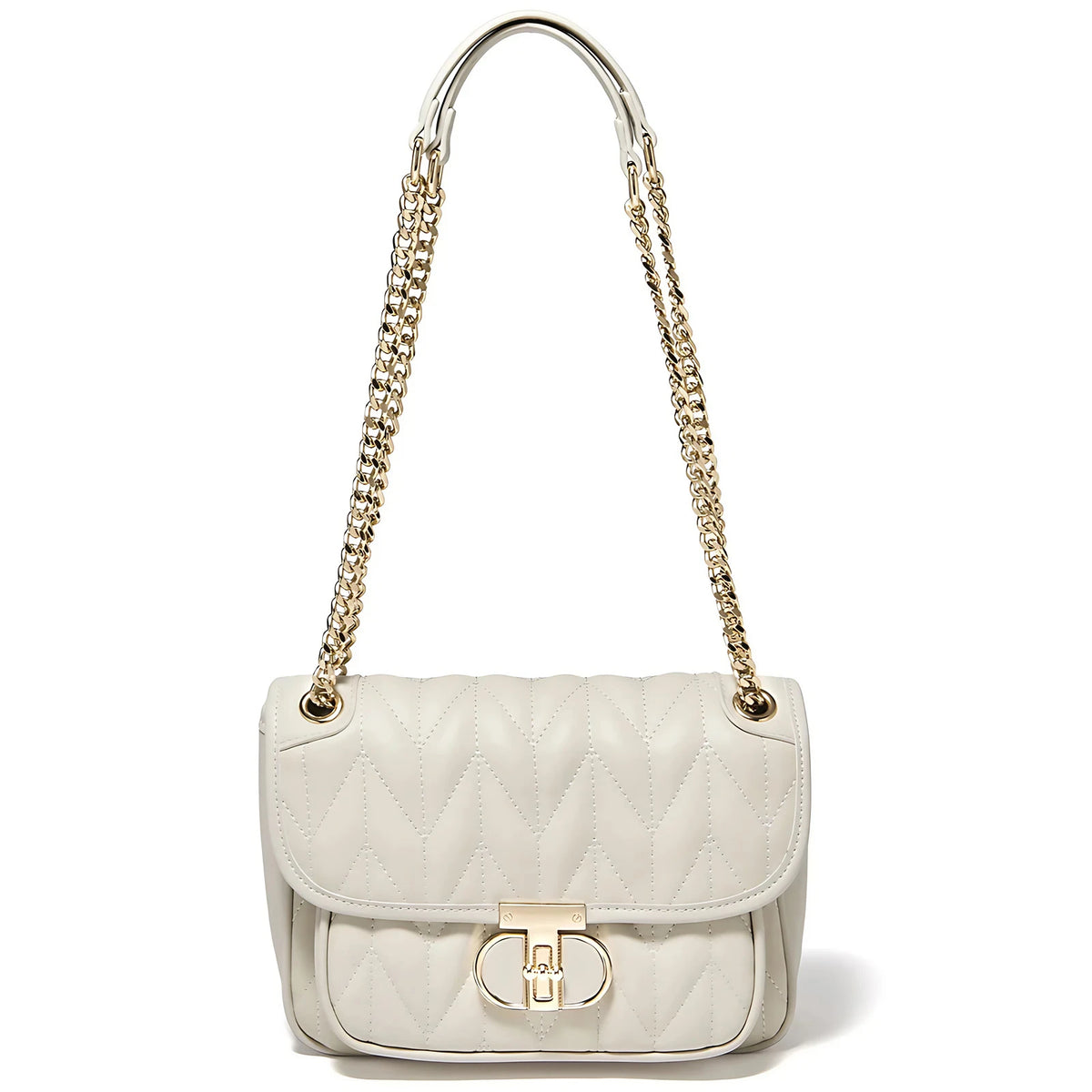 Sac à main matelassé femme, double anse à maillons dorés, blanc crème