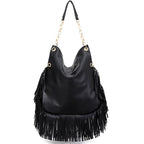 Sac à franges femme noir, clous étoiles dorés, poignée chaîne