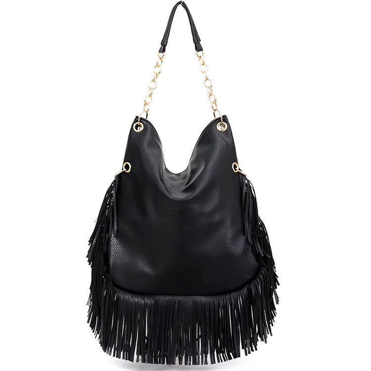 Sac à franges femme noir, clous étoiles dorés, poignée chaîne