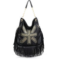 Sac à franges femme noir, clous étoiles dorés, poignée chaîne, noir