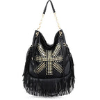 Sac à franges femme noir, clous étoiles dorés, poignée chaîne, noir