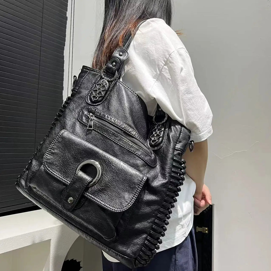 Sac à main noir femme format A4, similicuir grainé, bandoulière