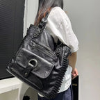Sac à main noir femme format A4, similicuir grainé, bandoulière