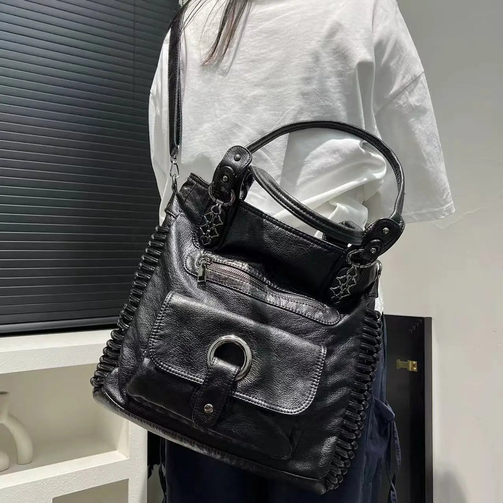 Sac à main noir femme format A4, similicuir grainé, bandoulière