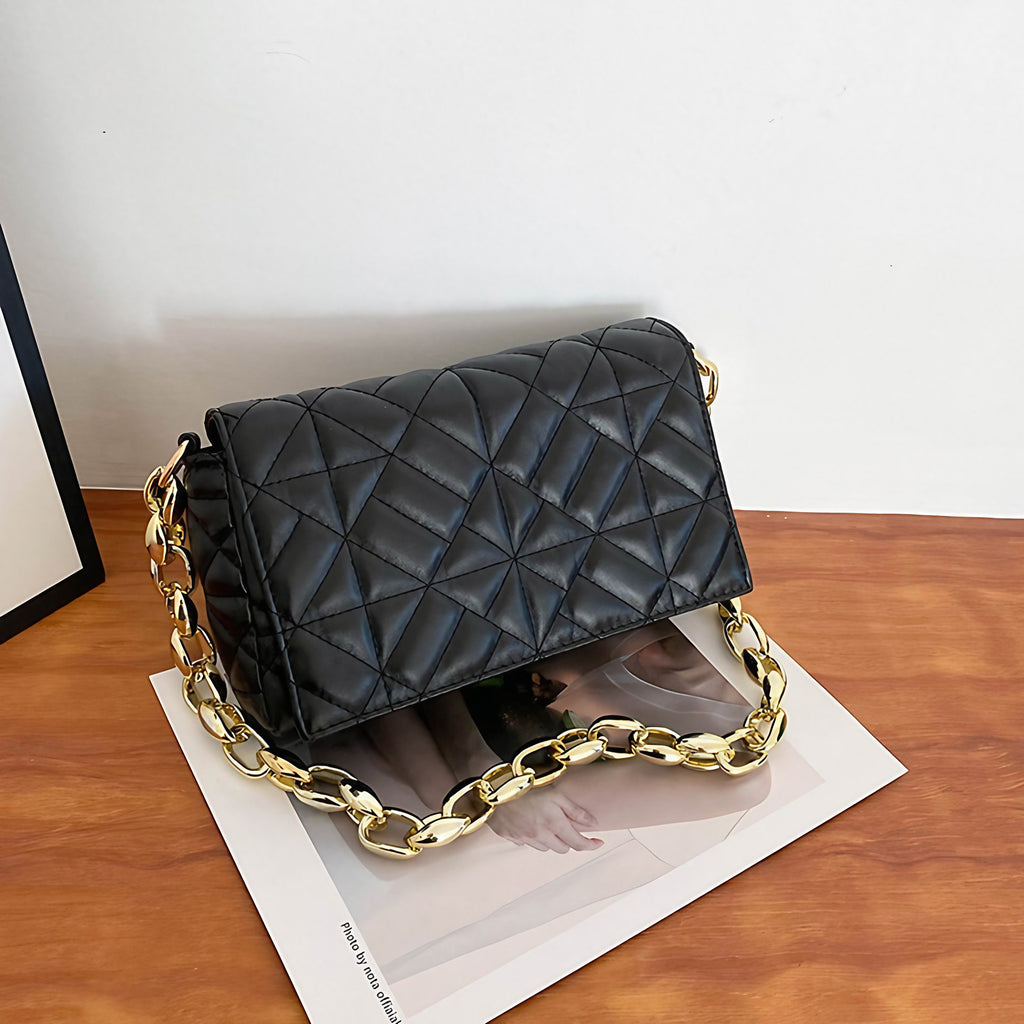 Petit sac noir femme à anse en maillons dorés, noir