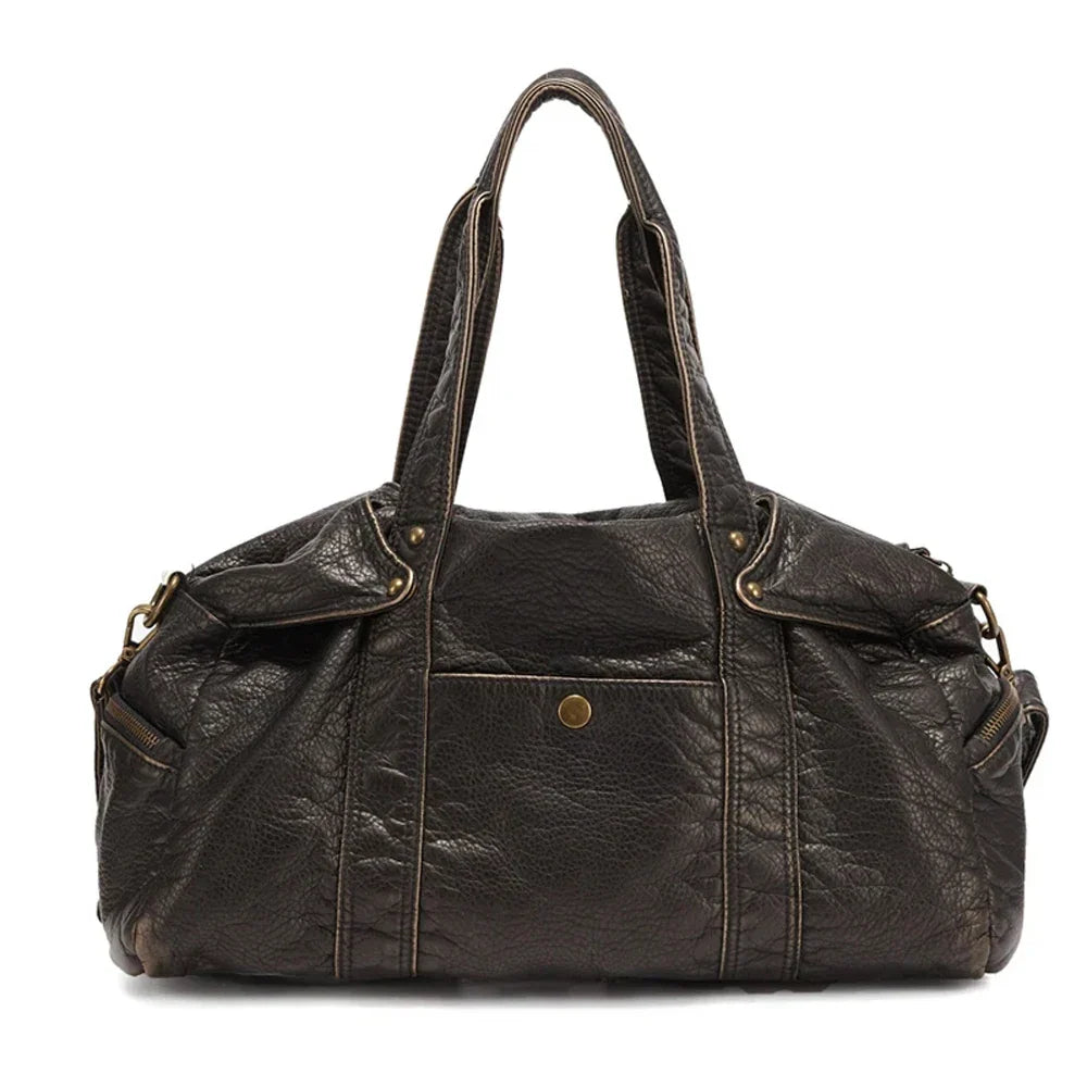 Grand sac à main femme format A4 en similicuir, fini vieilli, noir bronze