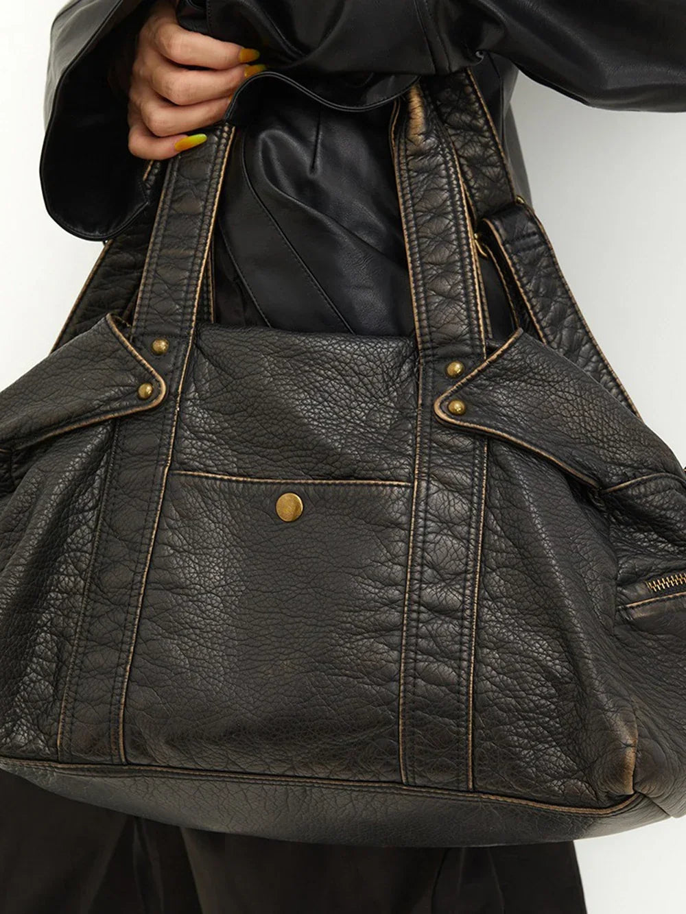 Grand sac à main femme format A4 en similicuir, fini vieilli