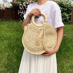 Sac panier rond en paille femme, anses rigides, zippé