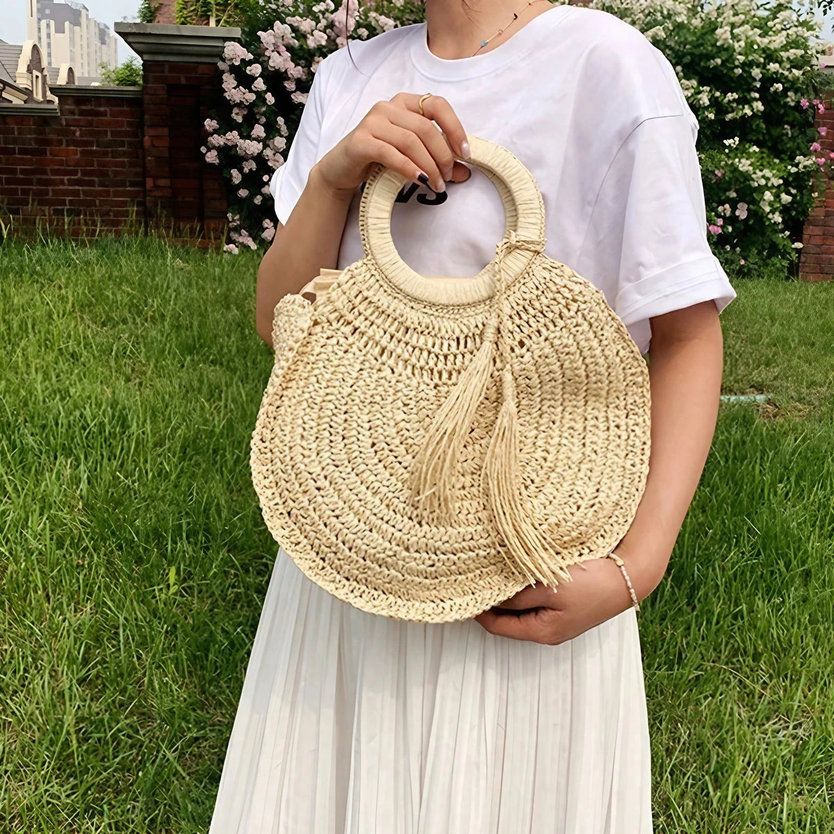 Sac panier rond en paille femme, anses rigides, zippé