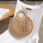 Sac panier rond en paille femme, anses rigides, zippé, marron