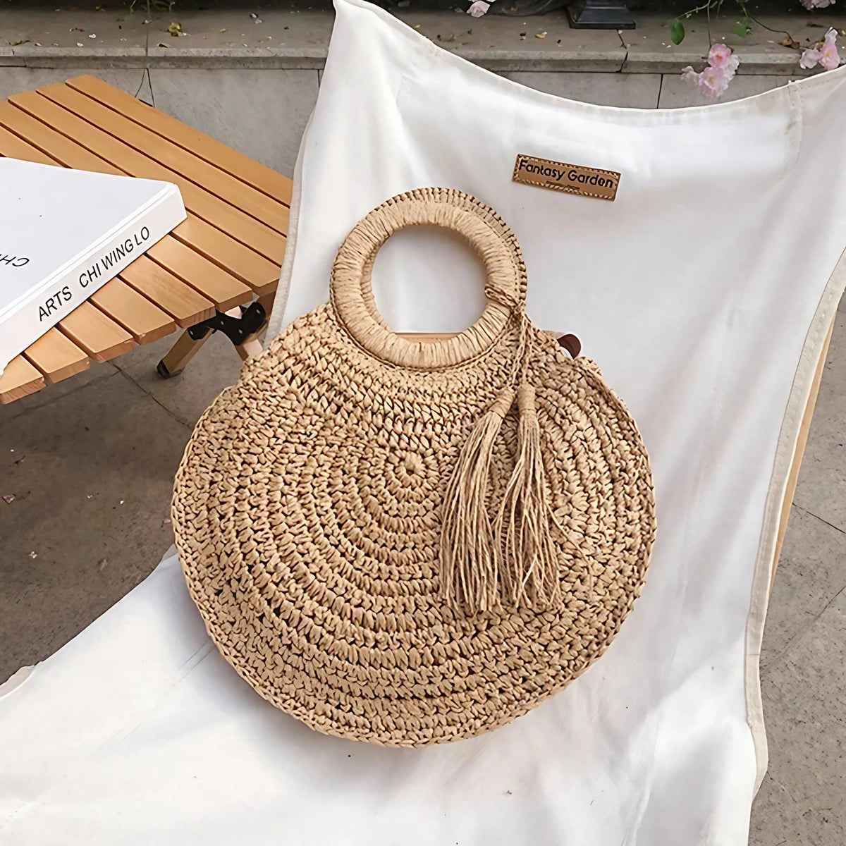 Sac panier rond en paille femme, anses rigides, zippé, marron