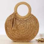 Sac panier rond en paille femme, anses rigides, zippé