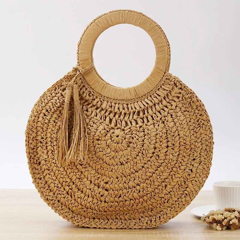 Sac panier rond en paille femme, anses rigides, zippé