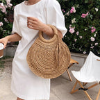 Sac panier rond en paille femme, anses rigides, zippé