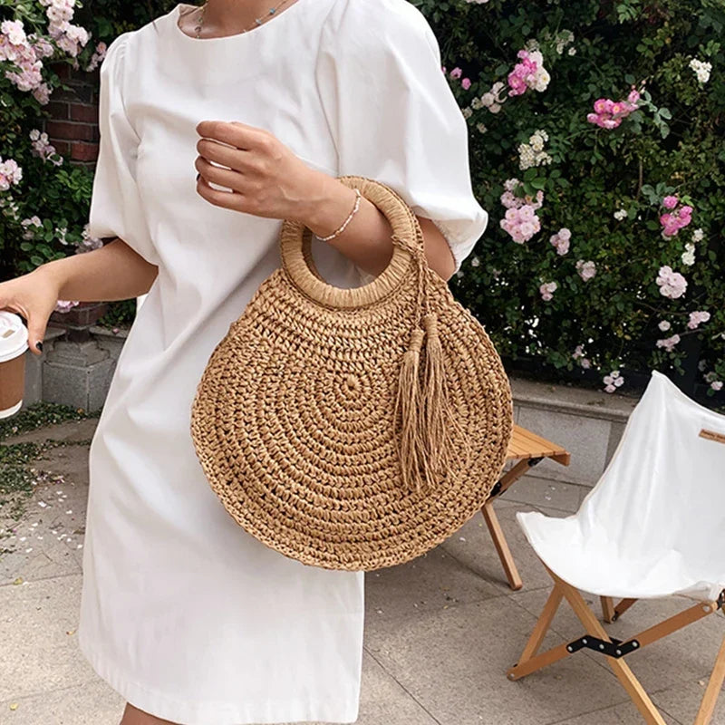 Sac panier rond en paille femme, anses rigides, zippé