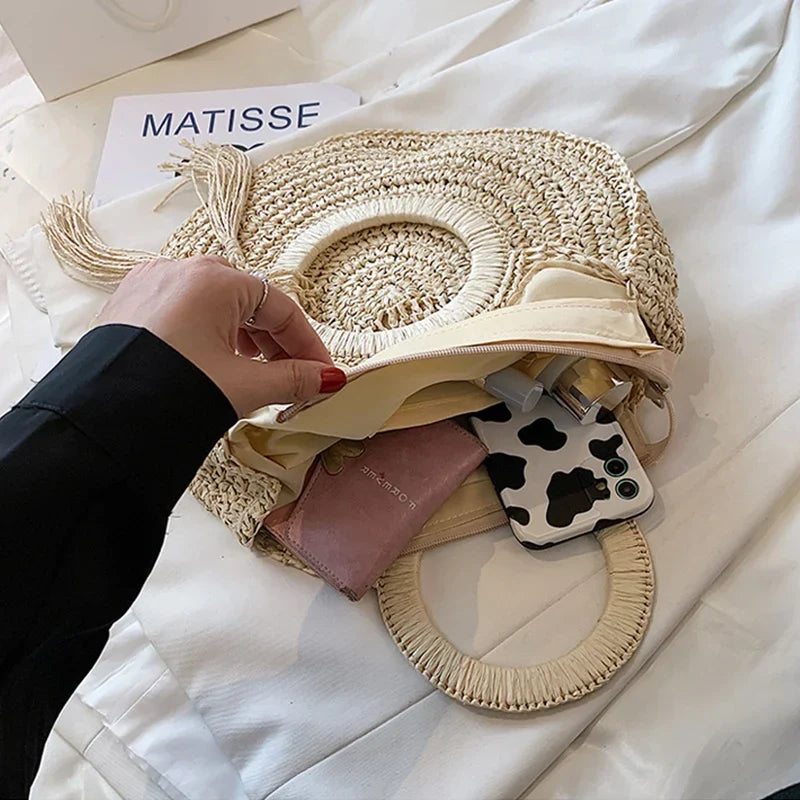 Sac panier rond en paille femme, anses rigides, zippé