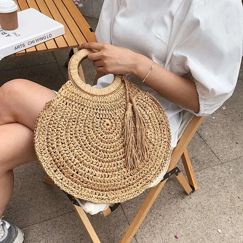 Sac panier rond en paille femme, anses rigides, zippé