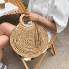 Sac panier rond en paille femme, anses rigides, zippé