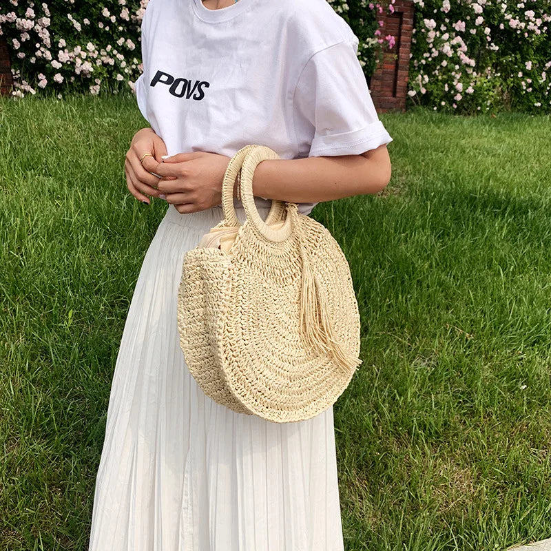 Sac panier rond en paille femme, anses rigides, zippé