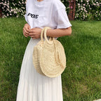 Sac panier rond en paille femme, anses rigides, zippé