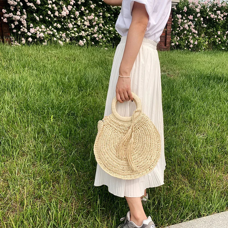 Sac panier rond en paille femme, anses rigides, zippé