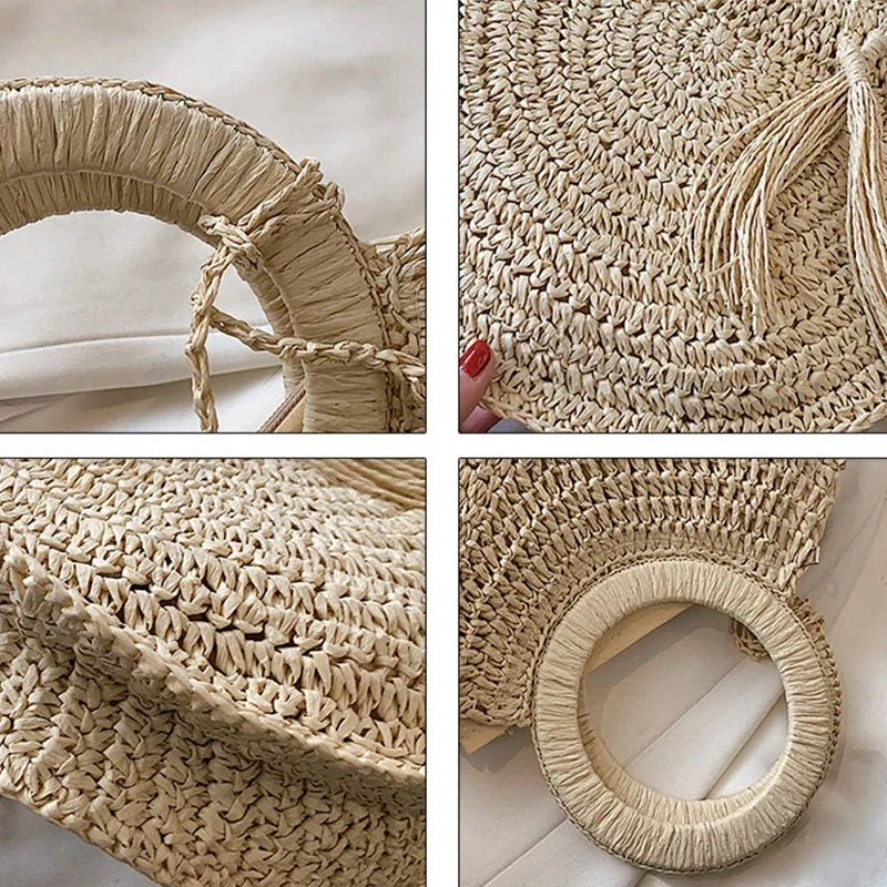 Sac panier rond en paille femme, anses rigides, zippé