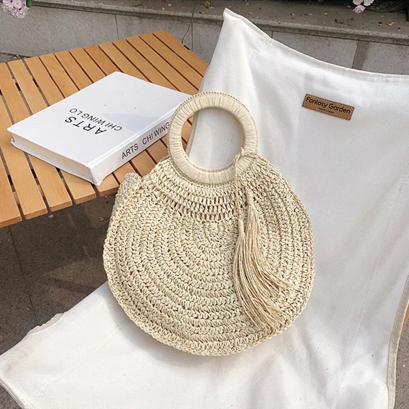 Sac panier rond en paille femme, anses rigides, zippé, beige