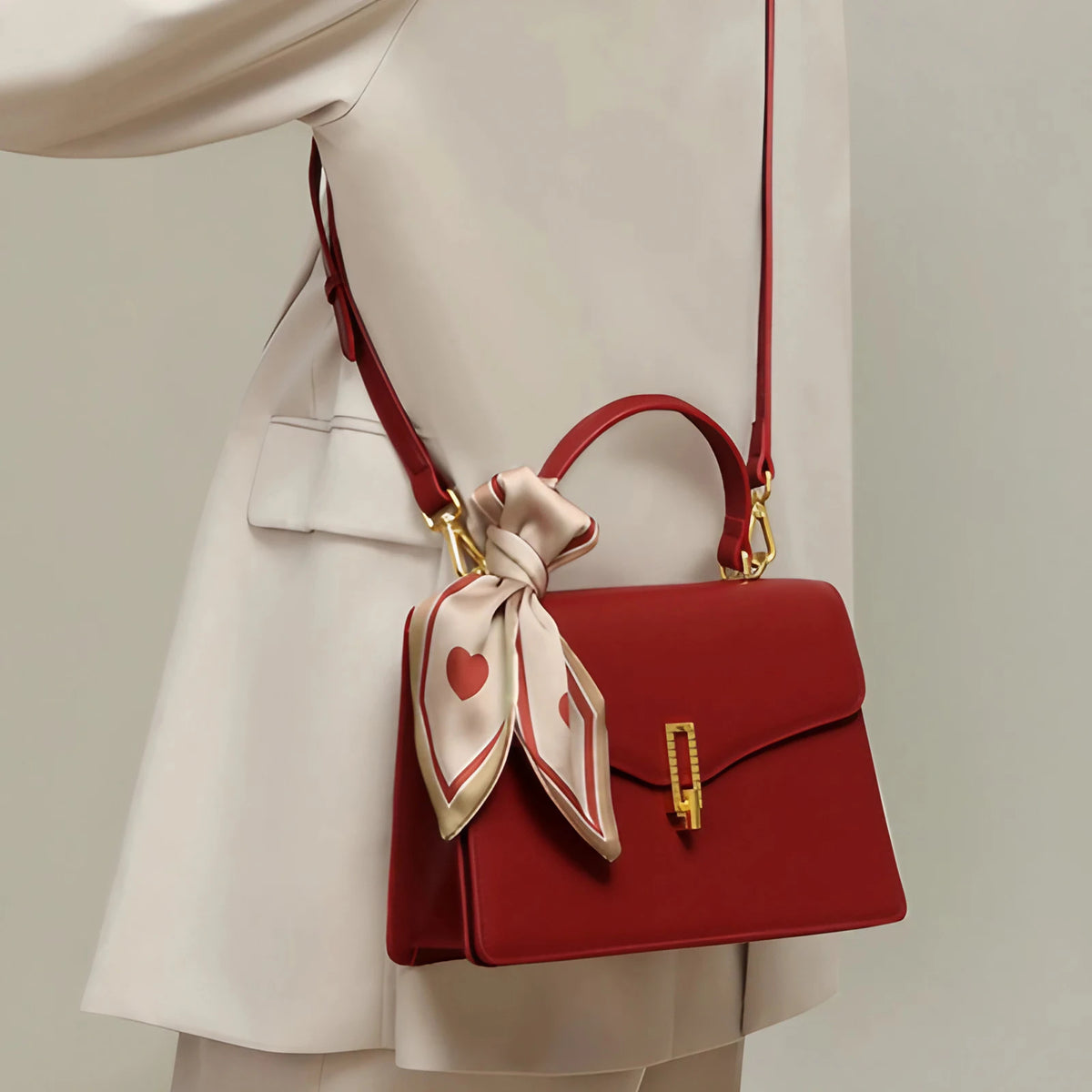 Sac cartable rouge femme en cuir fendu, rabat à fermoir doré