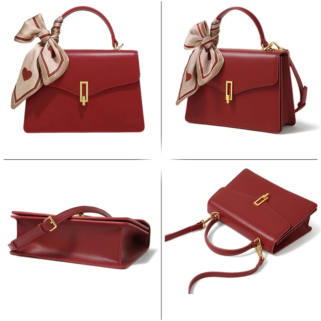 Sac cartable rouge femme en cuir fendu, rabat à fermoir doré