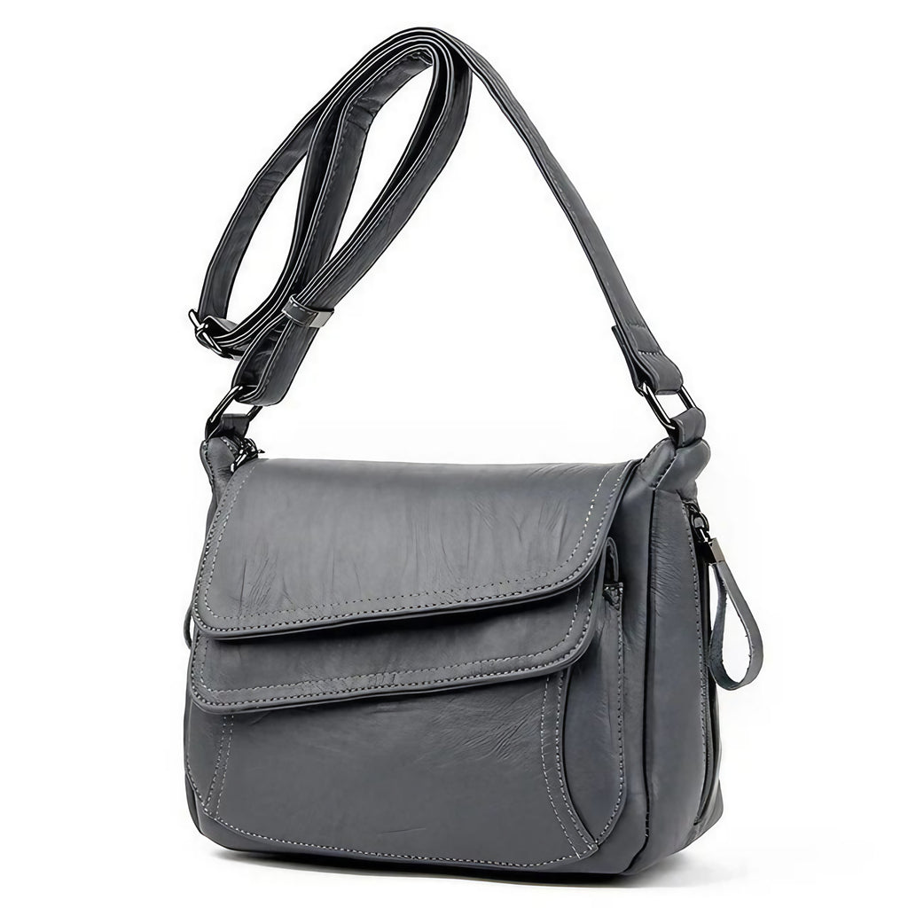 Sac besace femme souple en similicuir à rabat, sept coloris, gris