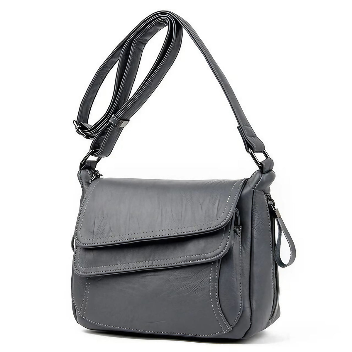 Sac besace femme souple en similicuir à rabat, sept coloris, gris