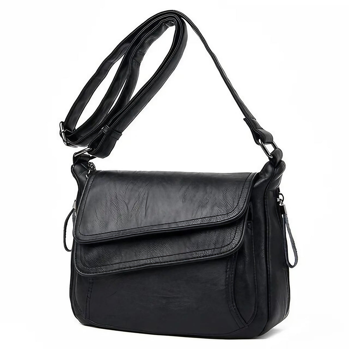 Sac besace femme souple en similicuir à rabat, sept coloris, noir