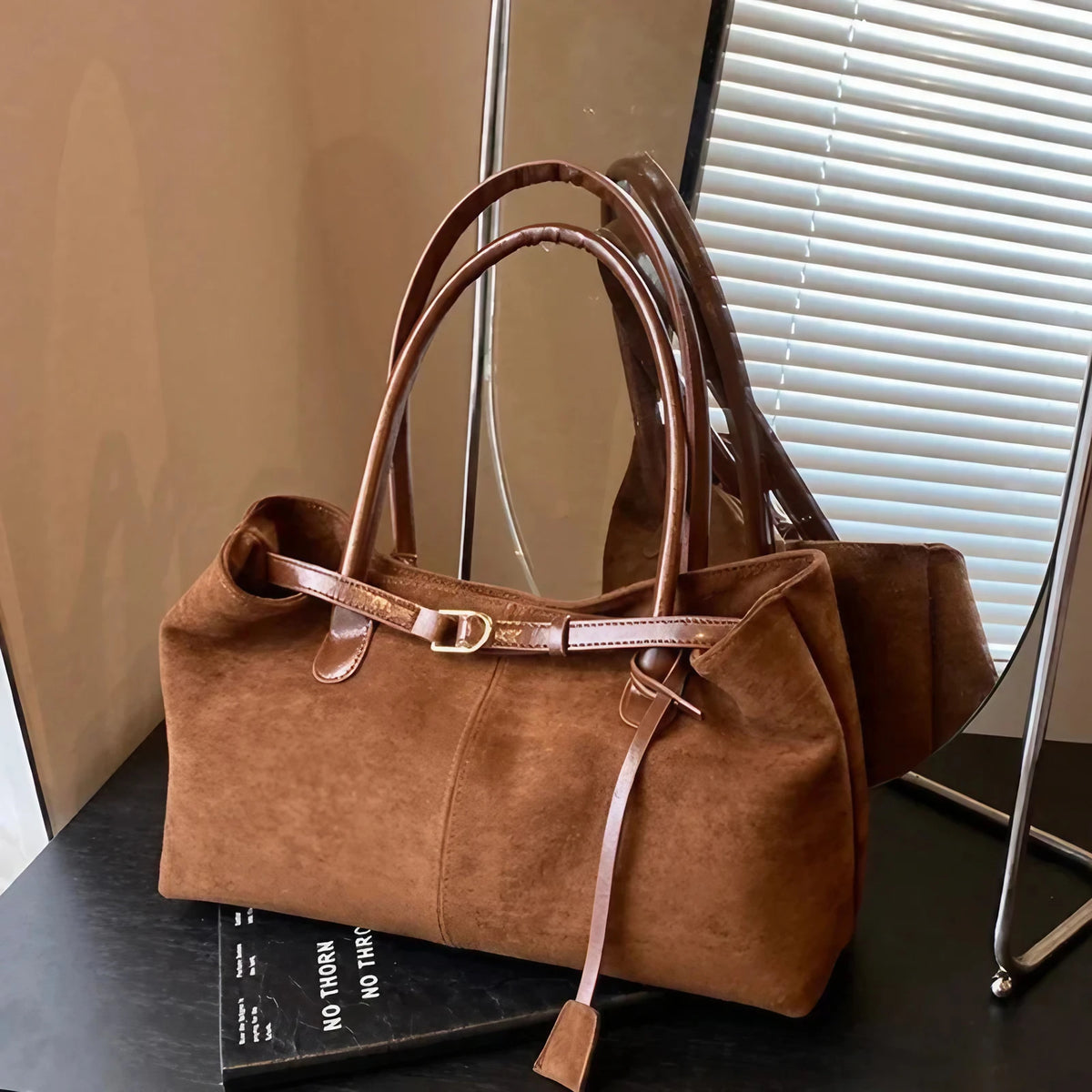 Sac à main femme en suédine, fermeture aimantée, 40 x 21 cm