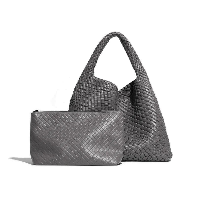 Sac à main tressé femme en forme de pyramide, onze coloris, gris foncé
