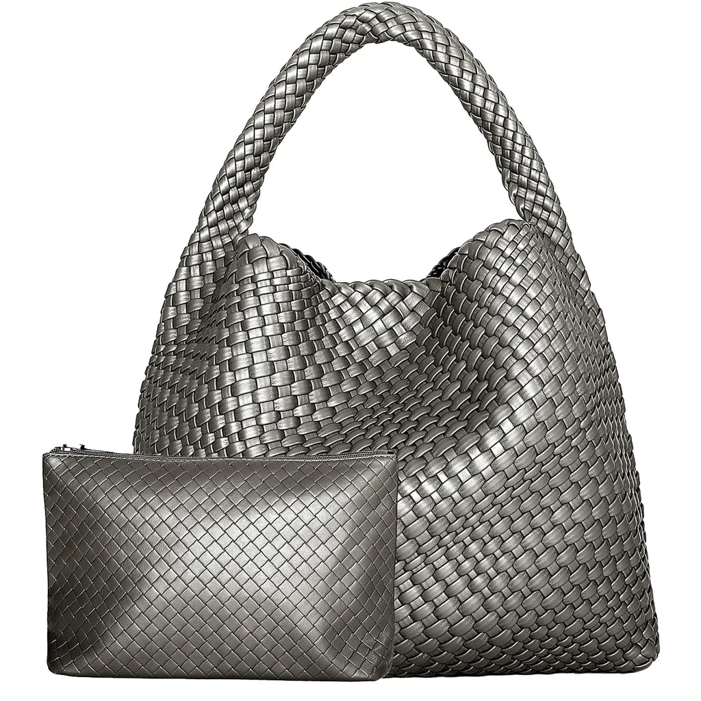 Sac à main tressé femme en forme de pyramide, onze coloris, argenté