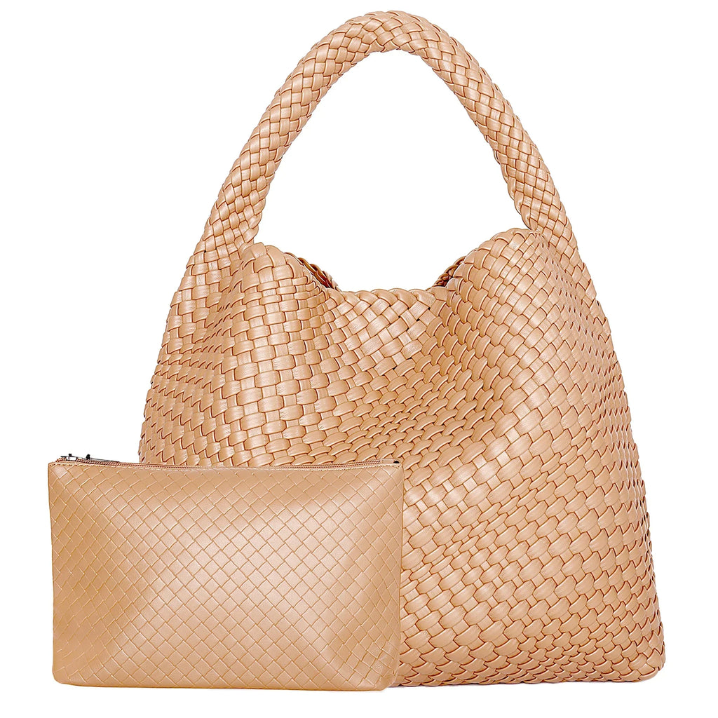 Sac à main tressé femme en forme de pyramide, onze coloris, abricot