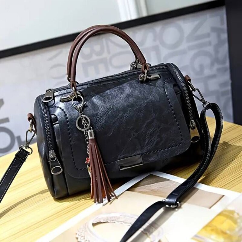 Sac bowling femme vintage à double anse et bandoulière amovible, noir