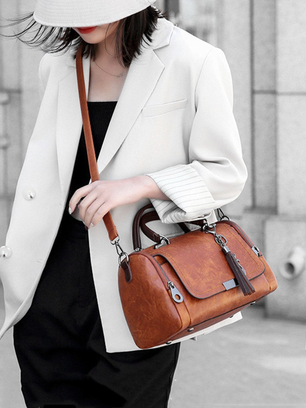 Sac bowling femme vintage à double anse et bandoulière amovible