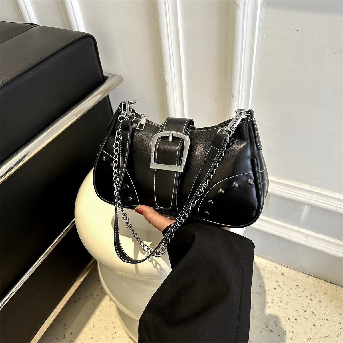 Sac à main femme noir rétro années 90, similicuir, noir
