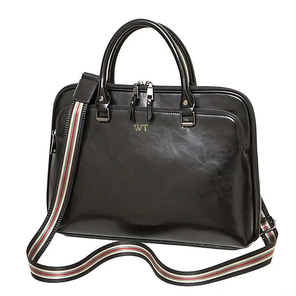 Sac ordinateur femme en cuir, sangle en toile amovible, noir