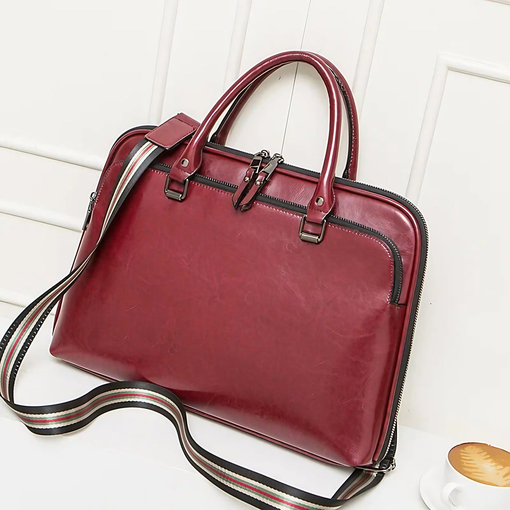 Sac ordinateur femme en cuir, sangle en toile amovible, rouge