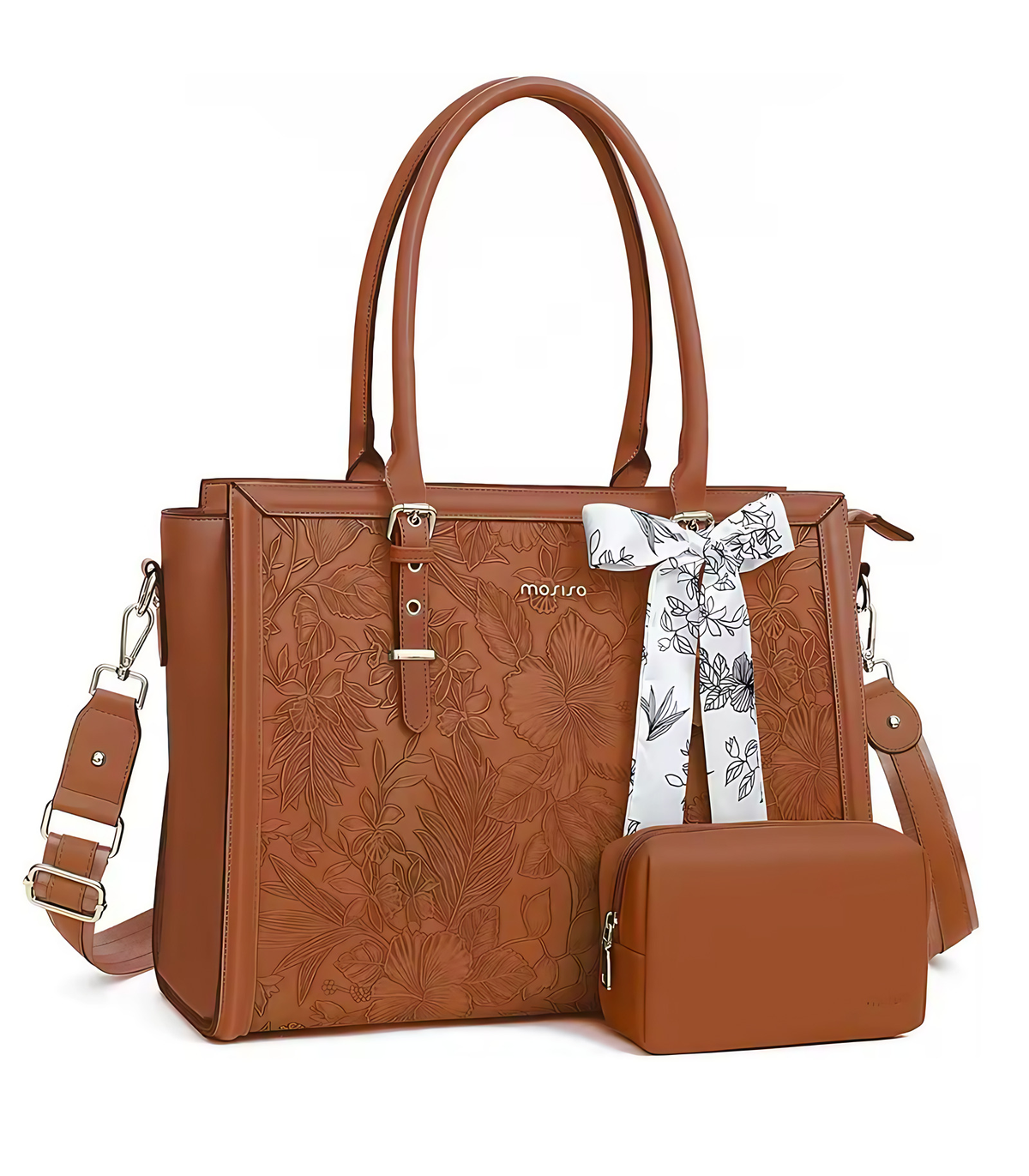 Sac ordinateur femme 15 ou 17 pouces, avec foulard et pochette, camel