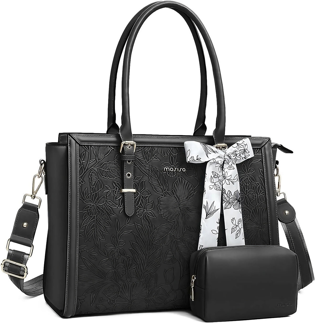 Sac ordinateur femme 15 ou 17 pouces, avec foulard et pochette, noir