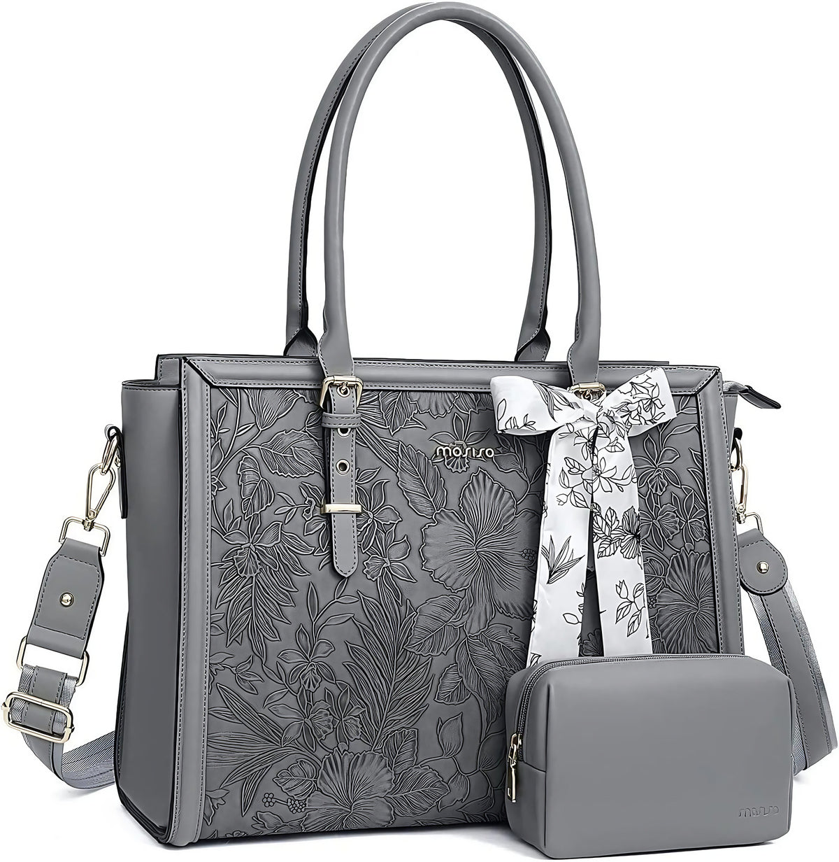 Sac ordinateur femme 15 ou 17 pouces, avec foulard et pochette, gris