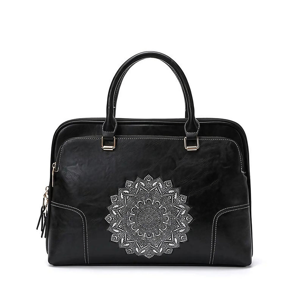 Sac ordinateur femme en cuir, porté main ou bandoulière, noir