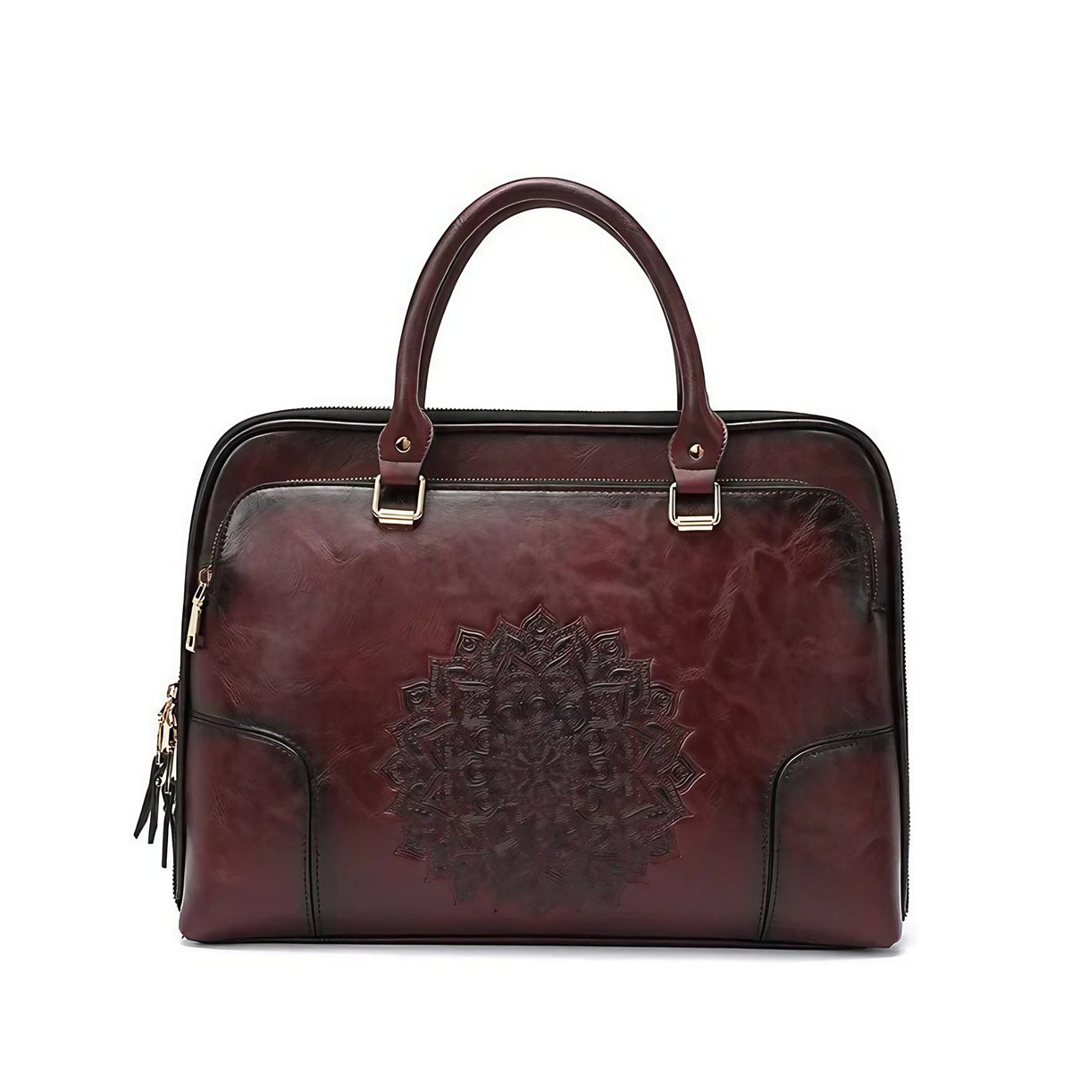Sac ordinateur femme en cuir, porté main ou bandoulière, rouge foncé