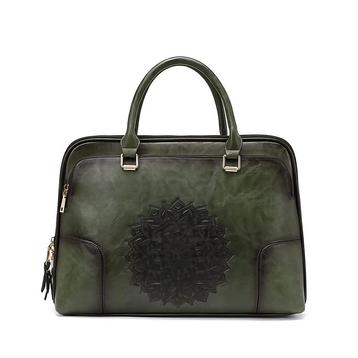 Sac ordinateur femme en cuir, porté main ou bandoulière, vert