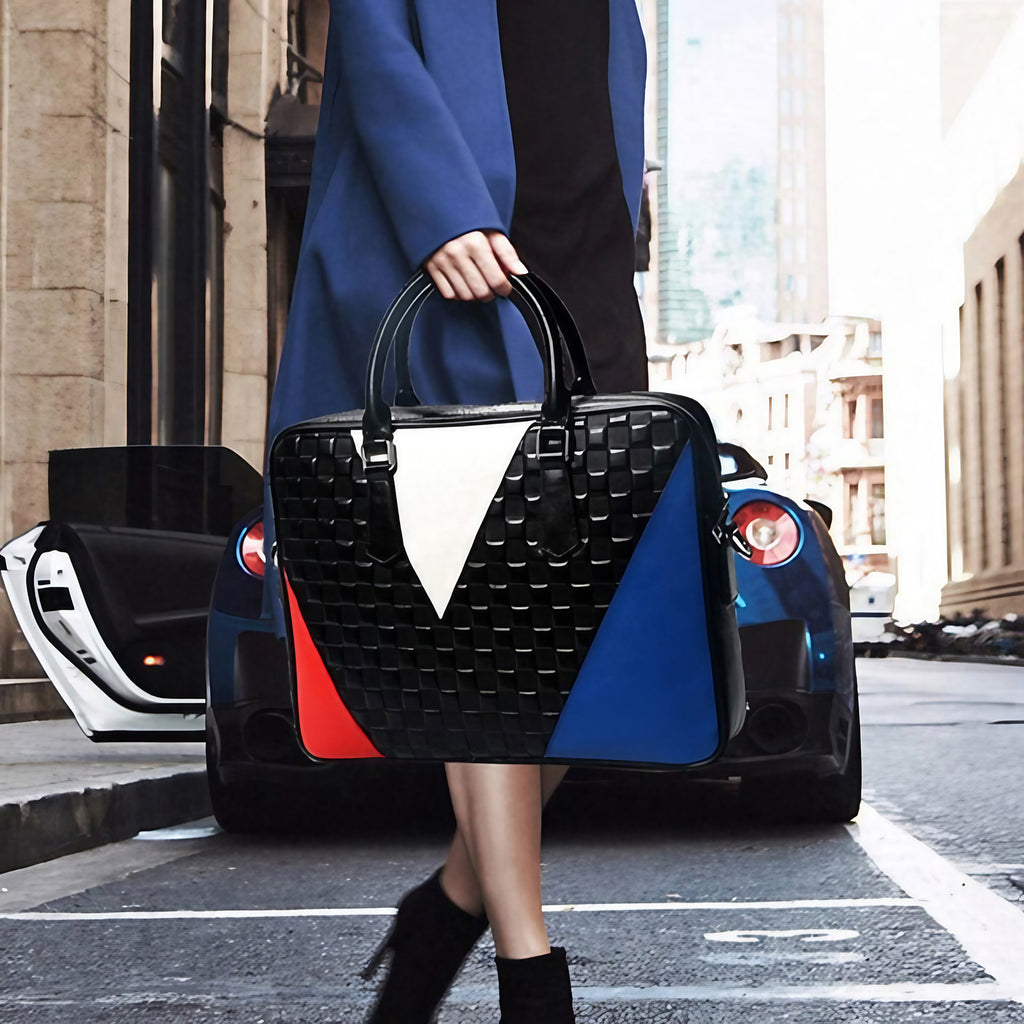 Sac ordinateur femme en cuir à bandoulière, 14 pouces, bleu, blanc, rouge, noir