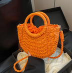 Sac en osier demi-lune femme, anses rigides et bandoulière, orange