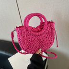 Sac en osier demi-lune femme, anses rigides et bandoulière, rose
